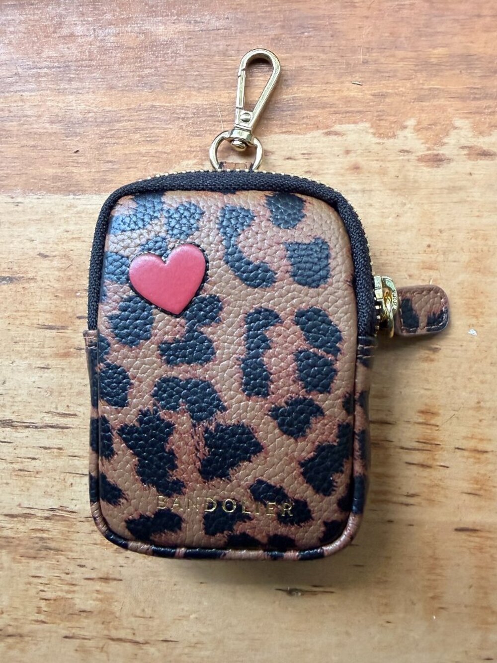 Bandolier Leopard Mini Zip Add-On Pouch Heart Detail Gold Hardware